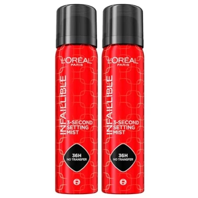 Abbildung von L&#039;Oréal Paris Infaillible Fixierspray für Gesichts Make up, 3 Sekunden Einstellung, 36H No Transfer, wasserfest, leichte Formel, schnelltrocknend, schweiß und wasserbeständig, 2 Flaschen à 75 ml