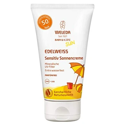 Abbildung von WELEDA Baby and Kids Edelweiss Sensitiv Sonnencreme LSF 50, wasserfester Naturkosmetik Sonnenschutz für sensible Haut von Kindern und Babys, hoher Lichtschutzfaktor gegen UV Strahlung (1 x 50 ml)