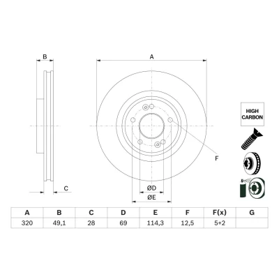 Abbildung von BOSCH 0 986 479 F35 Bremsscheibe 320 28 5 114,3 Belüftet beschichtet hochgekohlt mit Schrauben KIA: SORENTO 3, HYUNDAI: SANTA FE 3