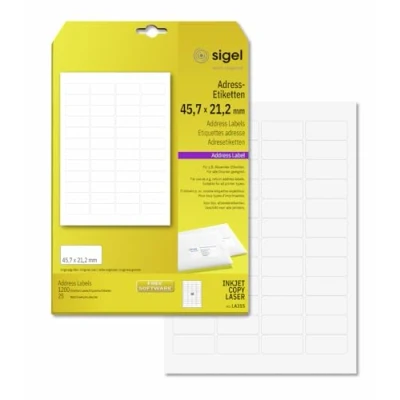 Abbildung von SIGEL LA315 abgerundete Adress Etiketten selbstklebend, bedruckbar, weiß, 45,7 x 21,2 mm, 1200 = 25 Blatt