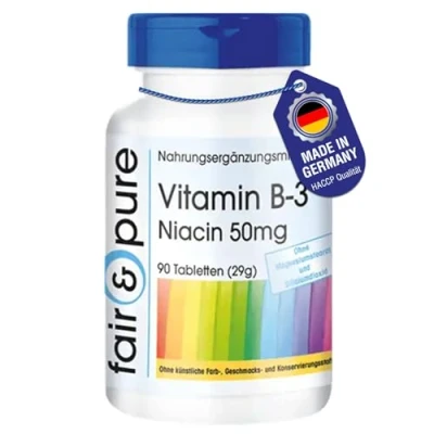 Abbildung von Fair &amp; Pure® Vitamin B3 Tabletten 90 Niacin 50mg als Nicotinamid flush free vegan ohne Magnesiumstearat