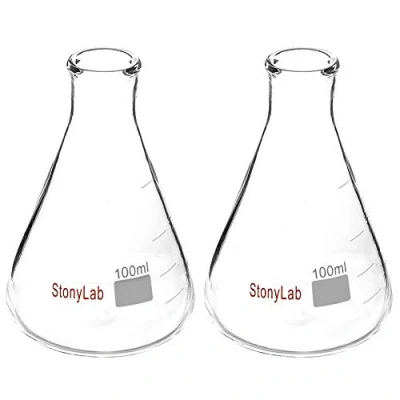 Abbildung von StonyLab 2 Pack Konisch Fläschchen Glas, 100ml Erlenmeyer Flasks Enghals Erlenmeyerkolben mit Hochleistungsrand (100 ml, Passend für 5# Gummistopfen)