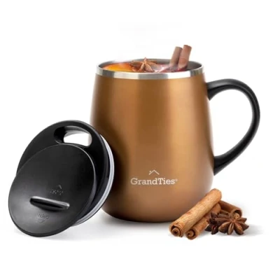 Abbildung von Grandties Isolierter Kaffeebecher mit Griff Schiebedeckel für spritzwassergeschützte 460 ml Form Thermosbecher doppelwandigem Vakuum Edelstahl, hält Getränke heiß &amp; kalt Cognac Metallic