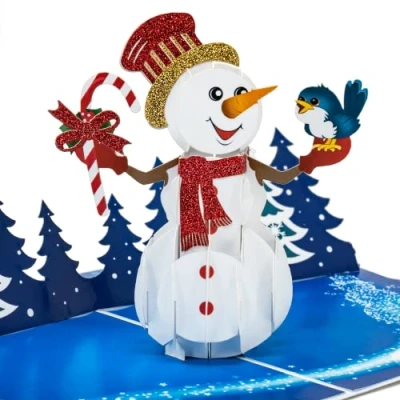 Abbildung von LIMAH® Pop Up 3D Grußkarte/Hochwertige Weihnachtskarte/X Mas Karte zu Weihnachten/in Blau/Motiv Schneemann mit einem Glitzer Hut und Vogel