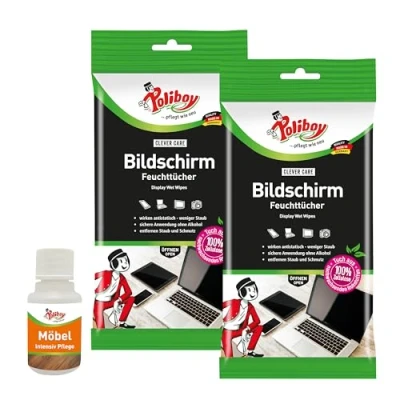 Abbildung von Poliboy Bildschirm Feuchttücher Displayreiniger Putztücher Mit Antistatikeffekt 2x 15 Tücher Produktprobe Made in Germany