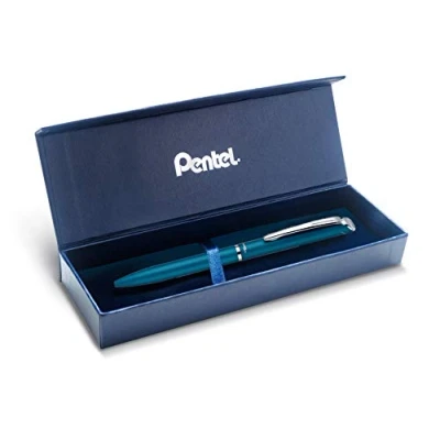 Abbildung von Pentel BL2007 EnerGel Tintenroller, hochwertig, einziehbar, Spitze 0,7 mm, Korpus Metall matt, Türkis, Geschenkbox