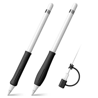 Abbildung von Fintie 2 Stück Silikon Griff Kompatibel mit Apple Pencil Pro/USB C &amp; 1./ 2. Generation 1 Kabel Adapter Tether, Schützende ergonomische Stiftehalter für Pencil, Schwarz