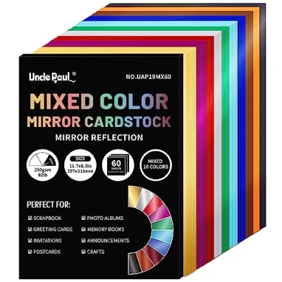 Abbildung von A4 Spiegelkartonpapier in gemischten Farben, 60 Blatt, 10 250 g/m²/92 lb, metallisch reflektierendes Papier für Bastel und Heimwerkerprojekte, UAP19MX60