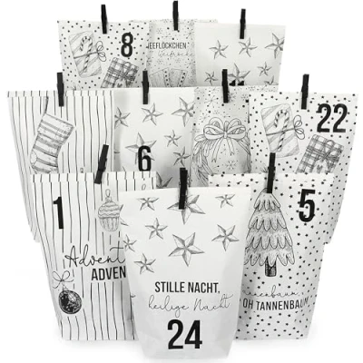 Abbildung von Papierdrachen Extravaganter Adventskalender zum Befüllen mit 24 weißen Geschenktüten und Zahlenaufklebern Motiv Christmas Set 15 Basteln Verschenken Weihnachten &amp; Advent