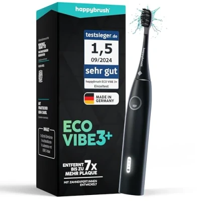 Abbildung von happybrush® Schallzahnbürste Eco Vibe 3+ TESTSIEGER 2024 100 Tage testen Elektrische Zahnbürste mit 6 Wochen Akku Ultraschall Zahnbürsten Allblack