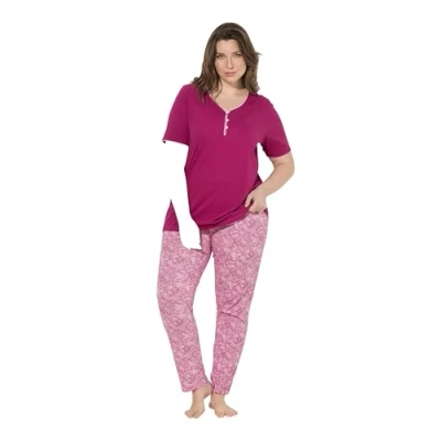 Abbildung von Ulla Popken Zierkante Druck SET Pyjama, Damen, Größe: 50/52, Fuchsia