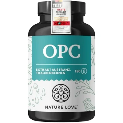 Abbildung von NATURE LOVE® OPC Traubenkernextrakt 180 Kapseln hochdosiert mit 800mg Extrakt je Tagesdosis aus französischen Trauben natürlichem Vitamin C laborgeprüft, vegan, in Deutschland produziert