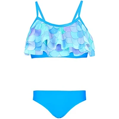 Abbildung von Aquarti Mädchen Bikini Set Bustier Bikinislip Zweiteiliger Badeanzug, Farbe: 030G mit Rüschen/Meerjungfrau Blau/Grün/Violett, Größe: 116