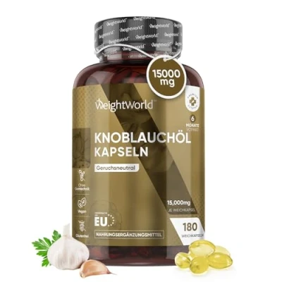 Abbildung von Knoblauch Weichkapseln 15.000mg (500:1 Extrakt) 180 vegane Kapseln Allicin für 6 Monate Kaltgepresster Knoblauchöl Extrakt in Softgels Fermentiert &amp; Geschmacksneutral Von WeightWorld