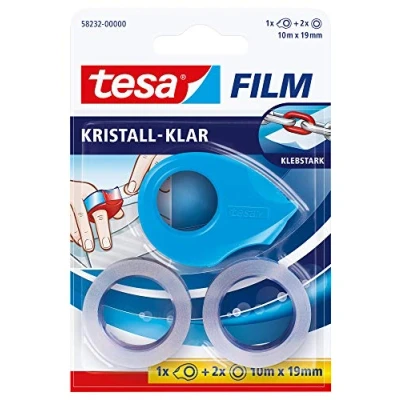 Abbildung von tesa tesafilm Mini Abroller Pink, Blau oder weiß mit 2 x Kristall Klar Rollen, 10M: 19mm