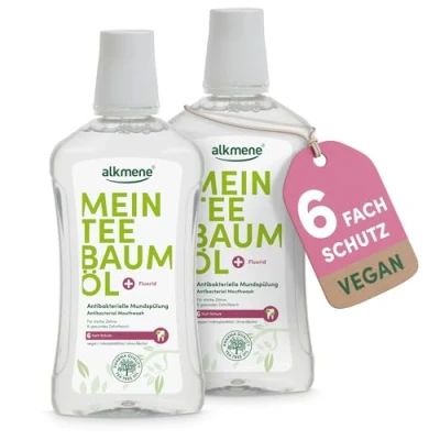 Abbildung von alkmene 6fach Schutz Teebaumöl antibakterielle Mundspülung 2x 500 ml naturreines Teebaumöl, vegan &amp; klimaneutral Mundwasser für starke Zähne gesundes Zahnfleisch Zahnspülung