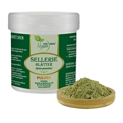 Abbildung von VITA IDEAL Vegan® SELLERIE Blätter 50g PULVER Apium graveolens Tagesportion 900mg SELLERIEBLÄTTER, natürlich, pflanzlich &amp; ohne Zusatzstoffe, Inklusive Messlöffel.