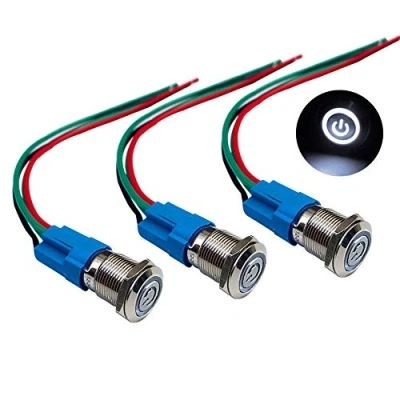 Abbildung von QitinDasen 3Pcs Premium 12V / 24V 3A Verriegelung Druckschalter, 12mm Auto Zündungs Startschalter, Weißes LED Licht Edelstahl IP66 Wasserdichter Schalter mit Steckdosendraht