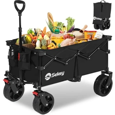 Abbildung von Sekey XXL Bollerwagen Faltbar mit Bremsen 150L 150KG, Breite Reifen Alle Gelände, Patentiert Zusammenfaltbar aus 4 Richtungen, Kein Zusammenbau erforderlich, 4020, Schwarz