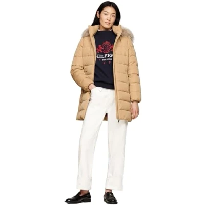 Abbildung von Tommy Hilfiger Damen Daunenmantel Heritage Down Tyra Coat With Fur mit Taschen, Grün (Classic Khaki), XS