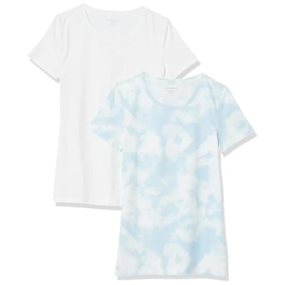 Abbildung von Amazon Essentials Damen Kurzärmeliges T Shirt mit Rundhalsausschnitt, Klassischer Schnitt, 2er Pack, Blau Batik/Weiß, S