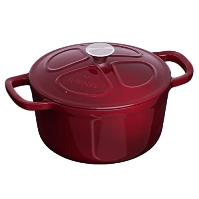Abbildung von Navaris Gusseisen Topf Bratentopf Kochtopf 2,5l Ø 20cm Bräter emailliert temperaturbeständig spülmaschinenfest alle Speisen und Kochflächen rot