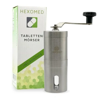 Abbildung von HEXOMED Premium Tablettenmörser aus rostfreiem Edelstahl zum Drehen Tablettenspalter Zerkleinern von Medikamenten [EINSTELLBAR] Geeignet für Erwachsene, Kinder, Haustiere Pill Crusher