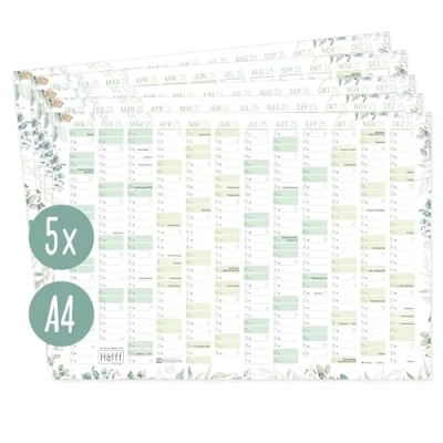 Abbildung von Häfft® 5 x Wandkalender 2025 A4 quer &quot;Blattgold&quot; + Jahresübersicht 2026 auf der Rückseite Tafelkalender, Jahresplaner, Jahreskalender, Tischkalender mit Feiertagen nachhaltig &amp; klimafreundlich