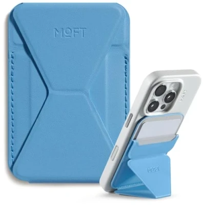 Abbildung von MOFT Magnetische Wallet Ständer für iPhone 16/15/14/13/12 Serie Kompatibel mit MagSafe, MOVAS Vegan Leder Magnetischer Handyständer 3 Betrachtungswinkeln, 2 Kartenhalter (Verwaschene Jeans)