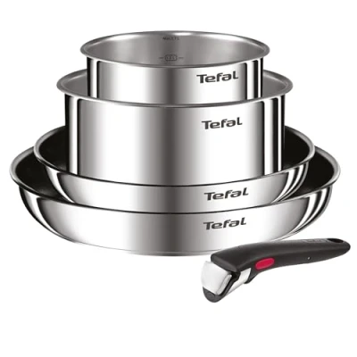 Abbildung von Tefal Ingenio Emotion 5 tlg. Topf &amp; Pfannenset, Pfannen 24/28 cm, Kochtöpfe 16/20 abnehmbarer Griff, Induktion, Antihaftversiegelung, Thermo Signal Temperaturanzeiger, Edelstahl, L897S504