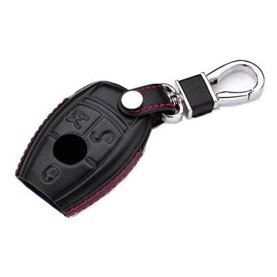Abbildung von M.JVisun Echtes Leder Schlüsselanhänger Fall Abdeckung für Mercedes Benz, Autoschlüssel Tasche Mit Schlüsselbund Halter Metallhaken Schwarz 3 Tasten EU