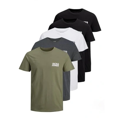 Abbildung von JACK &amp; JONES Herren JJECORP Logo Tee SS Crew Neck 5er Pack Kurzarm T Shirt, D, 2xBlack/White/DGM/DustyOlive, L