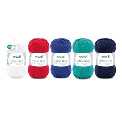 Abbildung von Gründl Wolle Cotton Quick uni Garn zum Stricken und Häkeln aus 100% Baumwolle, 5 Knäuel 50 g / 125 m, Häkelgarn/Strickset/Baumwollgarn, Maritim Mix