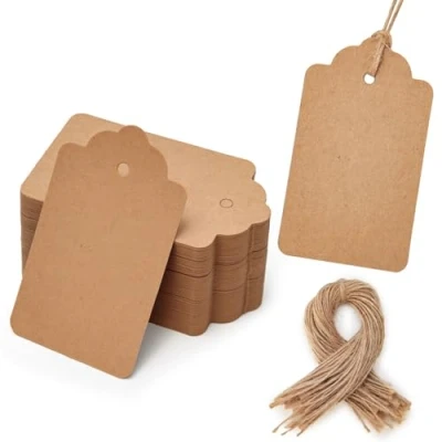 Abbildung von HAKACC 100 Stk. Geschenkanhänger Kraftpapier Etiketten Tags Anhänger Rechteck mit Jute Schnur für Hochzeit Geschenke