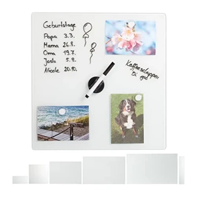Abbildung von Relaxdays Magnettafel Glas, 40x40 cm, 3 Magneten, Marker, Stiftehalter, Büro &amp; Küche, Sicherheitsglas Magnetboard, weiß