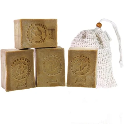 Abbildung von TUMELO Original Aleppo Seife 4 x 200g (800g) 90% Olivenöl 10% Lorbeeröl + Sisal Seifensäckchen, handgemachte Olivenölseife Naturseife