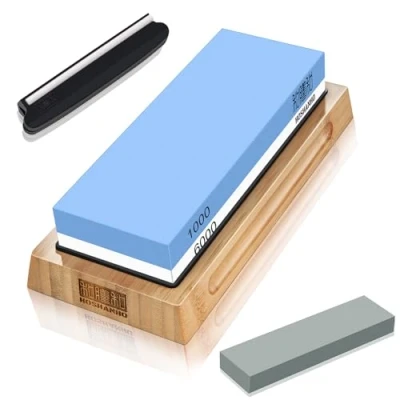 Abbildung von HOSHANHO Schleifstein Messer [Verbreitert Größe], Körnung 1000/6000 Abziehstein Wetzstein Professionell 2 IN 1 Doppelseitiger mit Abrichtstein und Winkelführung, Blau/Weiß