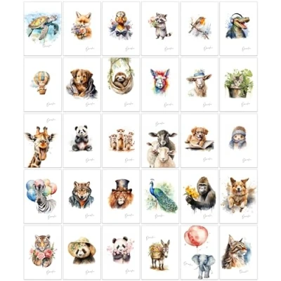 Abbildung von the lazy panda card company 30 Dankeskarten verschiedene Aquarell Zeichnungen von Tieren als Danksagung mit Umschlägen