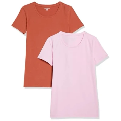 Abbildung von Amazon Essentials Damen Kurzärmeliges T Shirt mit Rundhalsausschnitt, Klassischer Schnitt, 2er Pack, Hellrosa/Terrakotta, L