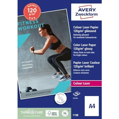 Abbildung von AVERY Zweckform 1198 Superior Colour Laser Papier (200 Blatt, 120 g/m², DIN A4 Papier, beidseitig beschichtet, glänzend, weiß, FSC, für Fotodrucke mit Farblaserdrucker) 1 Pack