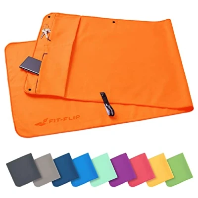Abbildung von Fit Flip Fitness Handtuch mit Magnet und Reißverschluss Tasche Gym aus Mikrofaser für Sport Kompakt &amp; Schnelltrocknend Sporthandtuch Fitnessstudio Orange 130x48cm