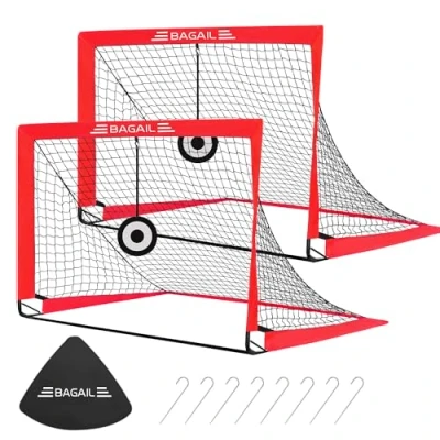 Abbildung von BAGAIL Fußballtor, Pop up Fußballnetz mit Zieltor, Erdnägeln und tragbarer Tragetasche, einfach zu montieren, ideales Fußballtor für Gartentraining Freizeitsportspiele