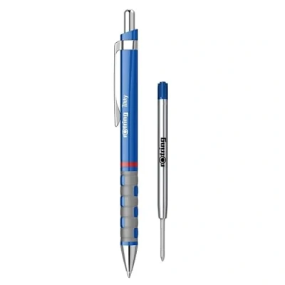 Abbildung von rOtring Tikky Leichter Kugelschreiber mit gummiertem Griff, blauer Schaft, Set Jumbo Kugelschreiberminen, blaue Tinte