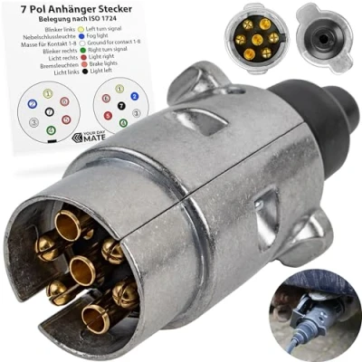 Abbildung von 7 poliger Anhänger Stecker, 1 Pack, Alu Guss Gehäuse, 7pin Stecker nach ISO 1724 genormt, Pin Hänger Adapter für 12 V Systeme, Zugentlastung, pol Anhängerstecker 7pol Steckdose, 13