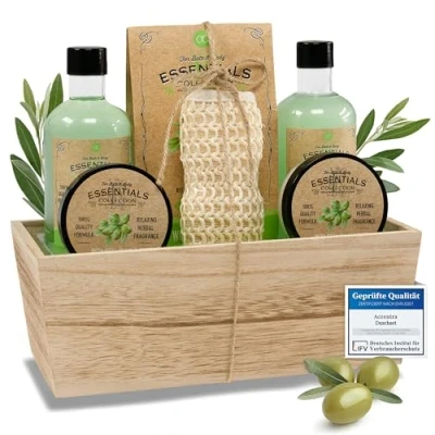 Abbildung von AccentraDuschset Frauen Geschenkset OLIVE im Holzkorb6 teiliges Pflegeset mit Duschgel, Schaumbad, Badesalz, Bodylotion &amp; mehrWellness Geschenk Set zum Geburtstag, Valentinstag Weihnachten