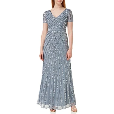 Abbildung von Maya Deluxe Maxi Damen Kleid, verziert, Pailletten kurzärmlig, V Ausschnitt, Empire Taille, A Schnitt, glänzend, Abschlussball, Hochzeit Blau Größe 52