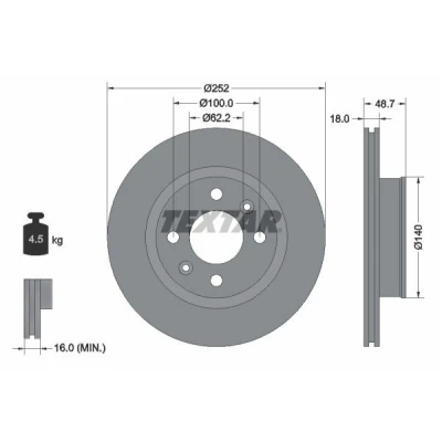 Abbildung von TEXTAR 92196503 Bremsscheibe 252 18 04/06 100 innenbelüftet beschichtet ohne Radbefestigungsbolzen, Radnabe HYUNDAI: i10 II Hatchback, I