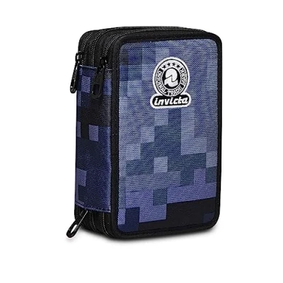 Abbildung von Invicta Federmäppchen, Mäppchen, mehrfarbig, Federtasche für Schreibwaren, Etui mit Stiften, Kugelschreiber, &amp; mehr, 3 Fächer, Mädchen Jungen, Schule Grundschule, XXL, PIXEL