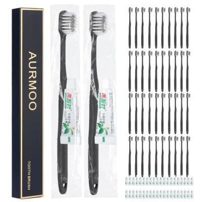 Abbildung von AURMOO Einweg Zahnbürsten mit Zahnpasta, Zahnbürste, Zahnbürsten, 40 Set Einmal Flacher Griff, Handzahnbürsten for Hotel, Camping Usw(Schwarz)