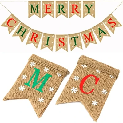 Abbildung von G2PLUS Leinen Merry Christmas Girlande, Weihnachtsdeko Girlande Buchstaben, Weihnachten Wimpelkette mit Schneeflocke zum